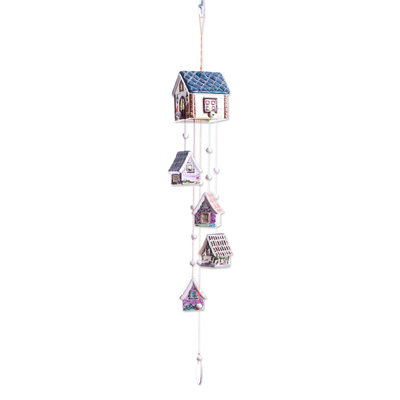 Ceramic wind chime, 'Cozy Cottages' - Ceramic Cottage Wind Chime Decor Accent