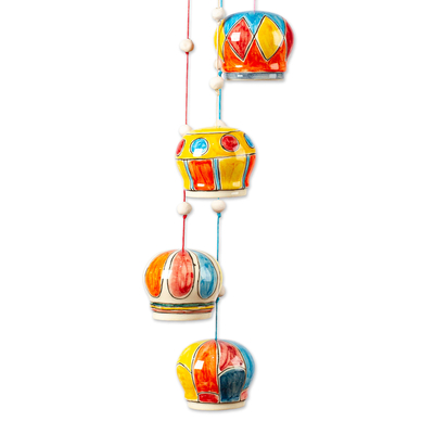 Ceramic wind chime, 'Balloon Brigade' - Artisan Crafted Hot-Air Balloon Themed Wind Chime
