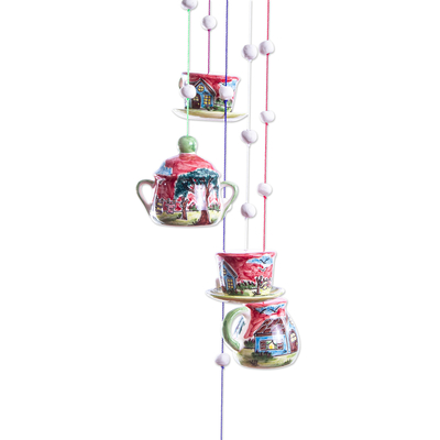 Ceramic wind chime, 'Tea Party' - Tea Party Themed Ceramic Wind Chime