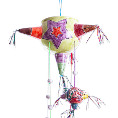 Ceramic wind chime, 'Piñata Cascade' - Hand Painted Piñata Themed Ceramic Wind Chime