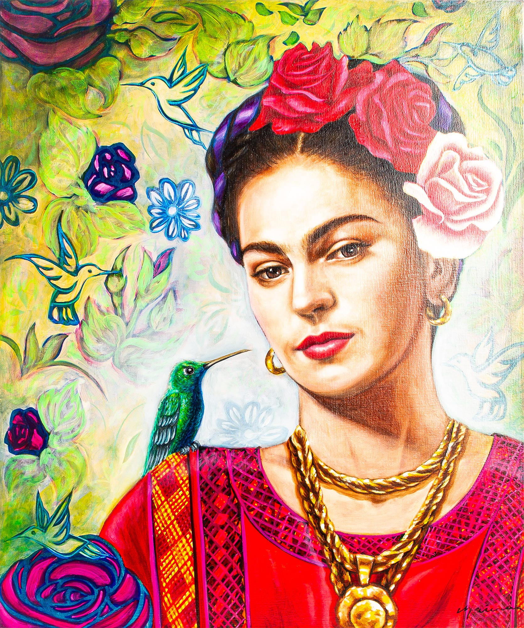 Oil on Canvas Portrait of Frida Kahlo - Frida with Hummingbird | NOVICA