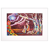 Impresión giclée sobre lienzo, 'El árbol de los chaneques' - Giclée sobre lienzo de edición limitada surrealista