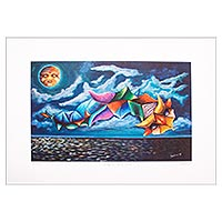 Impresión giclee, 'Serpiente del mar' - Fanciful Mexican Vibora de la Mar Giclee Print on Canvas