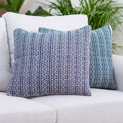 Wool and cotton cushion covers, 'Navy Pyramids' (pair) - 2 Handwoven Wool Navy & Ivory Geometric Motif Cushion Covers
