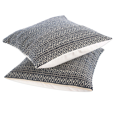 Wool and cotton cushion covers, 'Navy Pyramids' (pair) - 2 Handwoven Wool Navy & Ivory Geometric Motif Cushion Covers