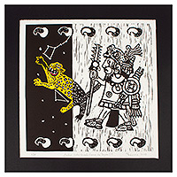 Linoleum block print, 'Eight Deer Jaguar Claw' - Signed Lino Print of Mixtec Ruler