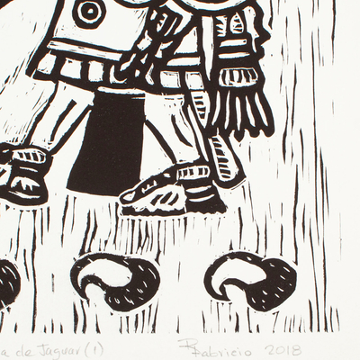Linoleum block print, 'Eight Deer Jaguar Claw' - Signed Lino Print of Mixtec Ruler