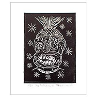 Linoleum block print, 'Mask with Spider Nose' - Spider-Themed Mask Block Print