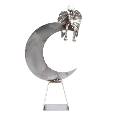 Recycled auto parts sculpture, 'Angel on High' - Handmade Angel and Moon Metal Sculpture
