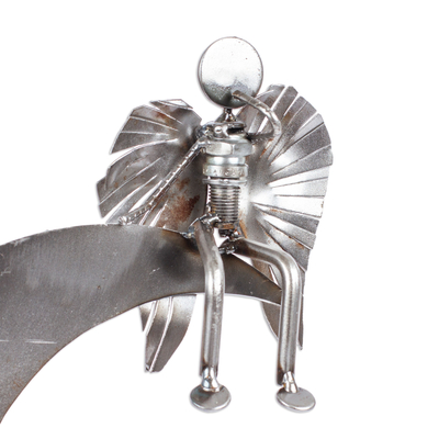 Recycled auto parts sculpture, 'Angel on High' - Handmade Angel and Moon Metal Sculpture