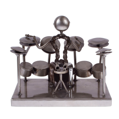 Recycled auto parts sculpture, 'Rustic Drum Solo' - Eco-friendly Rustic Drummer Metal Sculpture