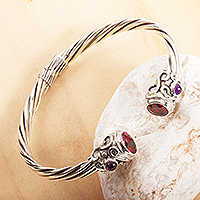 Silver Cuff Bracelet with Garnet and Amethyst,'Light from Within'
