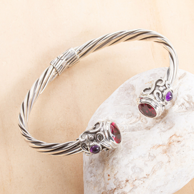 Garnet and amethyst cuff bracelet, 'Light from Within' - Silver Cuff Bracelet with Garnet and Amethyst