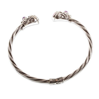 Garnet and amethyst cuff bracelet, 'Light from Within' - Silver Cuff Bracelet with Garnet and Amethyst
