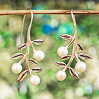 Cultured pearl drop earrings, 'Blooming Dogwood' - Leaf and Flower Motif Cultured Pearl Drop Earrings