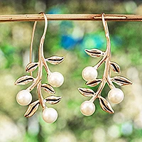 Aretes colgantes de perlas cultivadas - Aretes colgantes de perlas cultivadas con motivo de hoja y flor