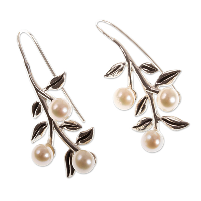 Cultured pearl drop earrings, 'Blooming Dogwood' - Leaf and Flower Motif Cultured Pearl Drop Earrings