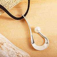 Cultured pearl pendant necklace, 'Scoop' - Suede Cord Necklace with Cultured Pearl Pendant