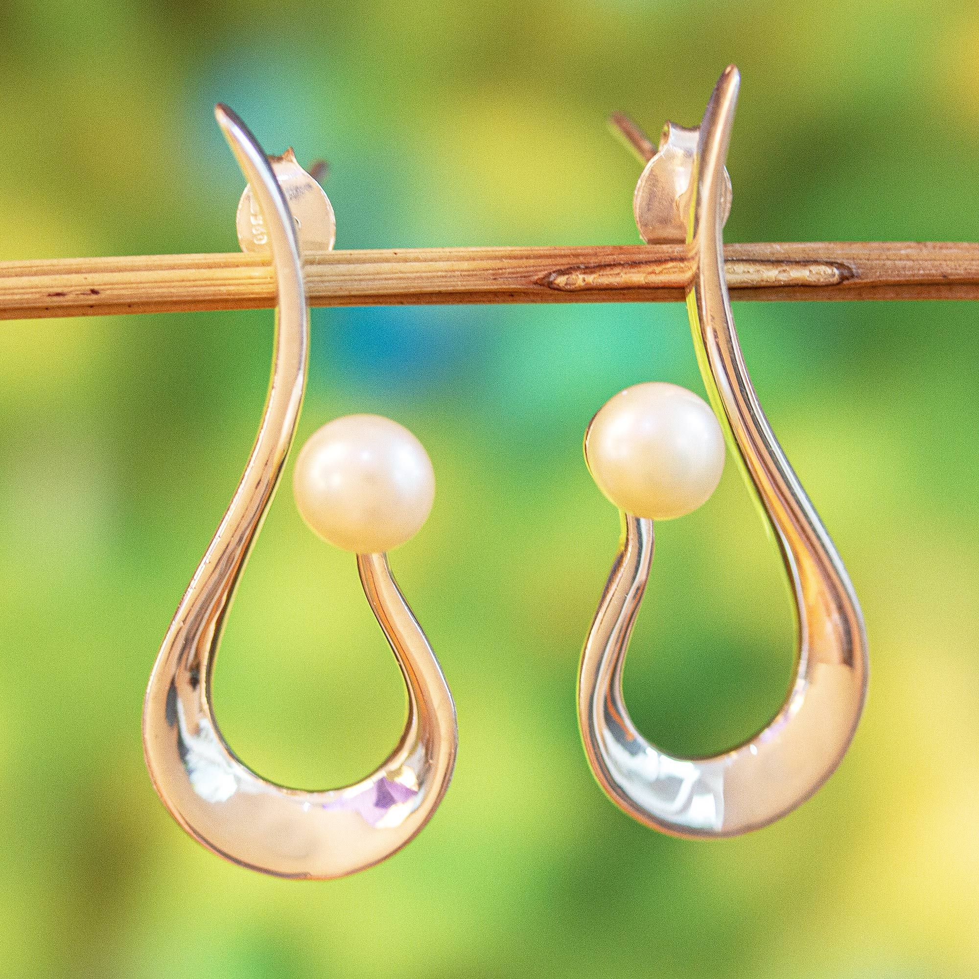 Modern Cultured Pearl Drop Earrings - Scoop | NOVICA