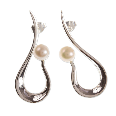 Modern Cultured Pearl Drop Earrings - Scoop | NOVICA
