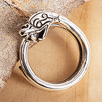 Sterling silver band ring, 'Serpent of Precious Feathers' - Serpent Deity Sterling Silver Ring