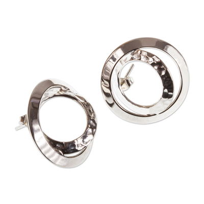 Sterling silver drop earrings, 'Double Window' - Hammered and Polished Sterling Silver Earrings