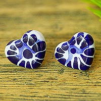 Ceramic button earrings, 'Heart of Mexico' - Talavera-Style Ceramic Heart Earrings