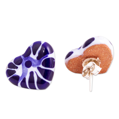 Ceramic button earrings, 'Heart of Mexico' - Talavera-Style Ceramic Heart Earrings