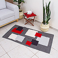Wool area rug, 'Around the Block' (2.5x5) - Block Patterned Wool Area Rug (2.5x5)