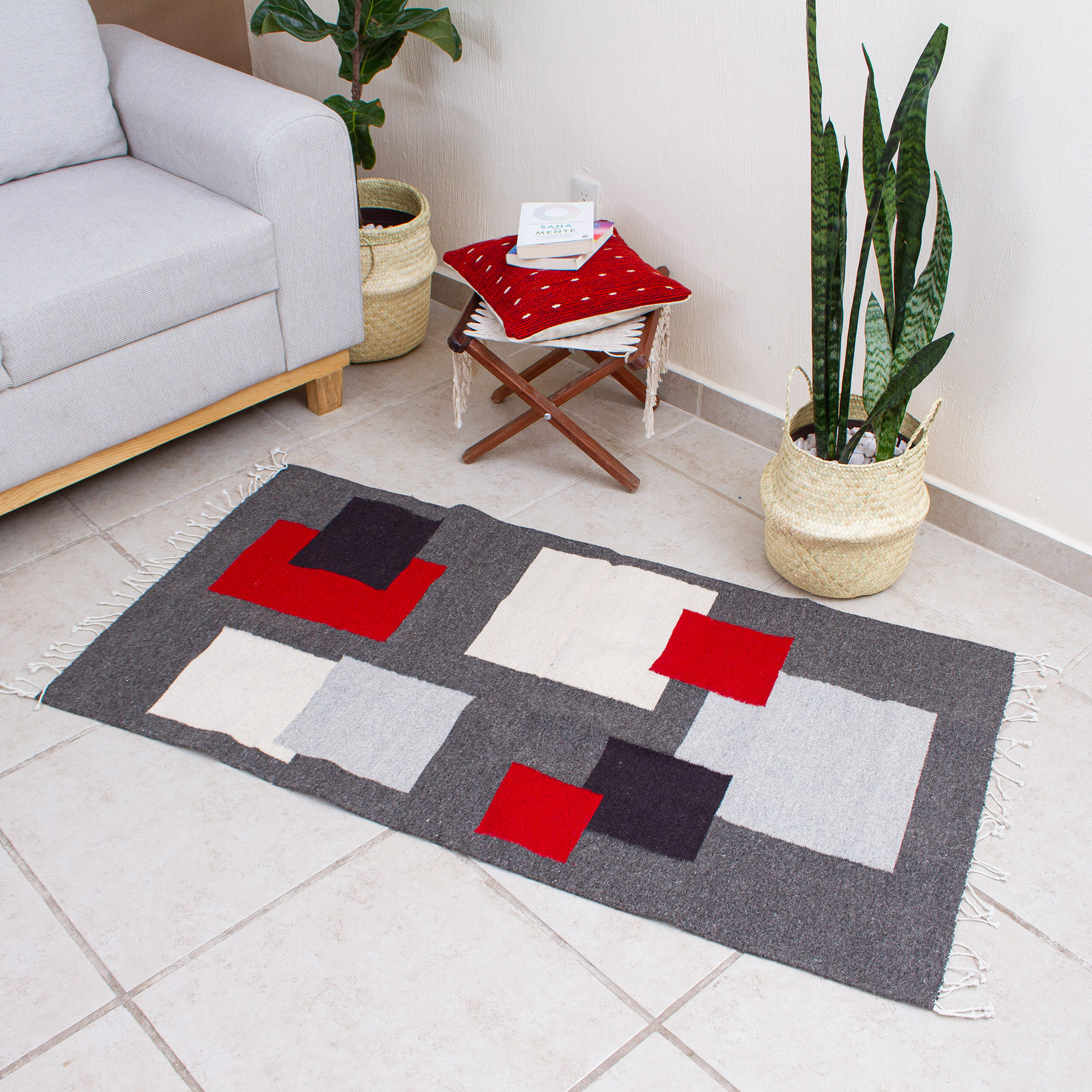 Block Patterned Wool Area Rug (2.5x5) Around the Block NOVICA