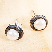 Cultured pearl stud earrings, 'Light in the Darkness' - Oxidized Silver Earrings with Cultured Pearls