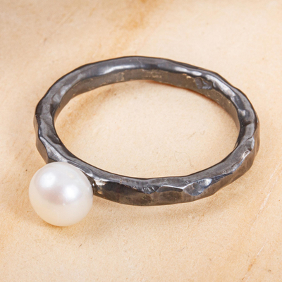 Cultured pearl solitaire ring, 'Light in the Darkness' - Modern Oxidized Silver Cultured Pearl Ring