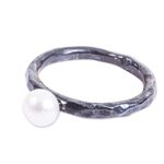 Cultured pearl solitaire ring, 'Light in the Darkness' - Modern Oxidized Silver Cultured Pearl Ring