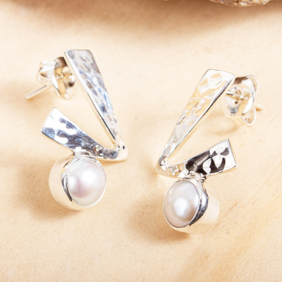 Aretes colgantes de perlas cultivadas - Aretes colgantes con perlas blancas cultivadas