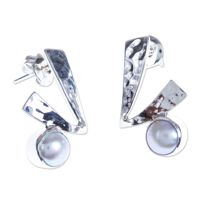 Cultured pearl drop earrings, 'Check' - Drop Earrings with White Cultured Pearls