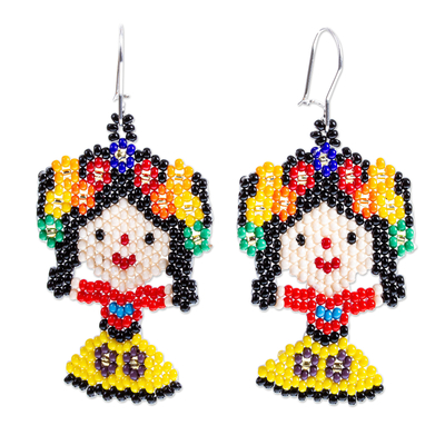 Glass beaded dangle earrings, 'Floral Maria Doll' - Handcrafted Beaded Mexican Otomi Maria Doll Earrings