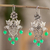 Sterling silver filigree chandelier earrings, 'Dove Romance in Green' - Filigree Earrings with Green Crystal Beads