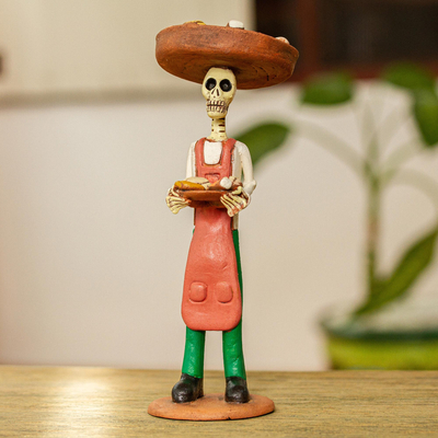 Keramische Skulptur, 'Bäcker Catrin' - handgefertigte Skelett-Bäckerfigur