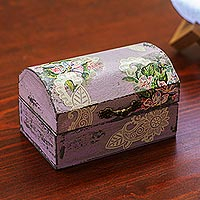Decoupage wood jewelry box, 'Love Song' - Lilac Decoupage Pine Jewelry Box