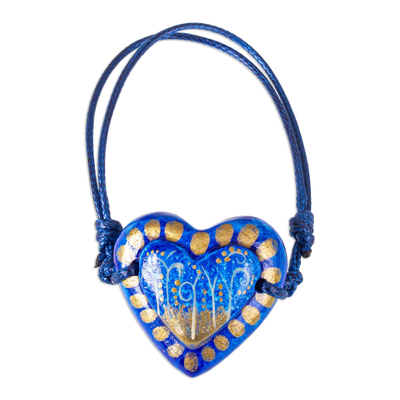 Papier Mache Adjustable Blue Heart Golden Trim Bracelet