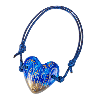 Papier Mache Blue Heart Bracelet with Golden Accents