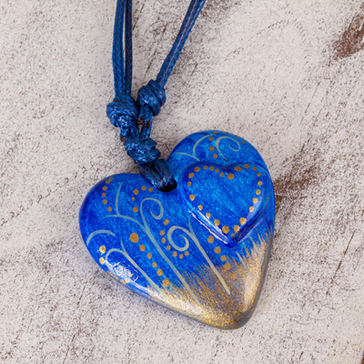 Papier mache pendant necklace, 'Sea Winds' - Papier Mache Blue Heart Necklace with Golden Accents