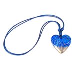 Papier mache pendant necklace, 'Sea Winds' - Papier Mache Blue Heart Necklace with Golden Accents