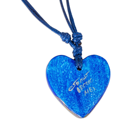 Papier mache pendant necklace, 'Sea Winds' - Papier Mache Blue Heart Necklace with Golden Accents