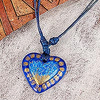 Papier mache pendant necklace, 'Deep Sea Illusion' - Papier Mache Adjustable Blue Heart Golden Trim Necklace