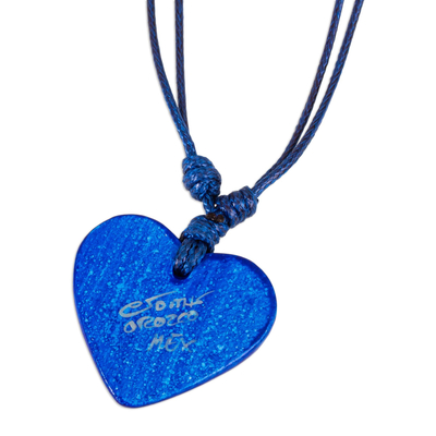 Papier mache pendant necklace, 'Deep Sea Illusion' - Papier Mache Adjustable Blue Heart Golden Trim Necklace