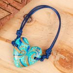 Papier mache pendant bracelet, 'Seafoam and Sunlight' - Papier Mache Blue & Aqua Golden Accent Heart Bracelet