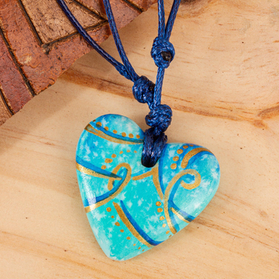 Papier mache pendant necklace, 'Seafoam and Sunlight' - Papier Mache Blue & Aqua Golden Accent Heart Necklace