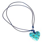 Papier mache pendant necklace, 'Seafoam and Sunlight' - Papier Mache Blue & Aqua Golden Accent Heart Necklace