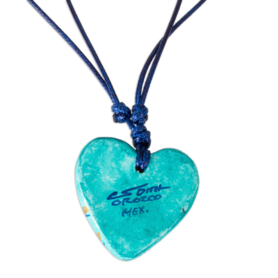 Papier mache pendant necklace, 'Hearts Together' - Golden Accent Aqua Papier Mache Heart Necklace